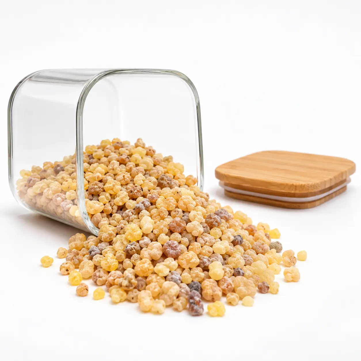 Golden frankincense tears (Boswellia serrata resin) ready for burning on charcoal or an electric burner