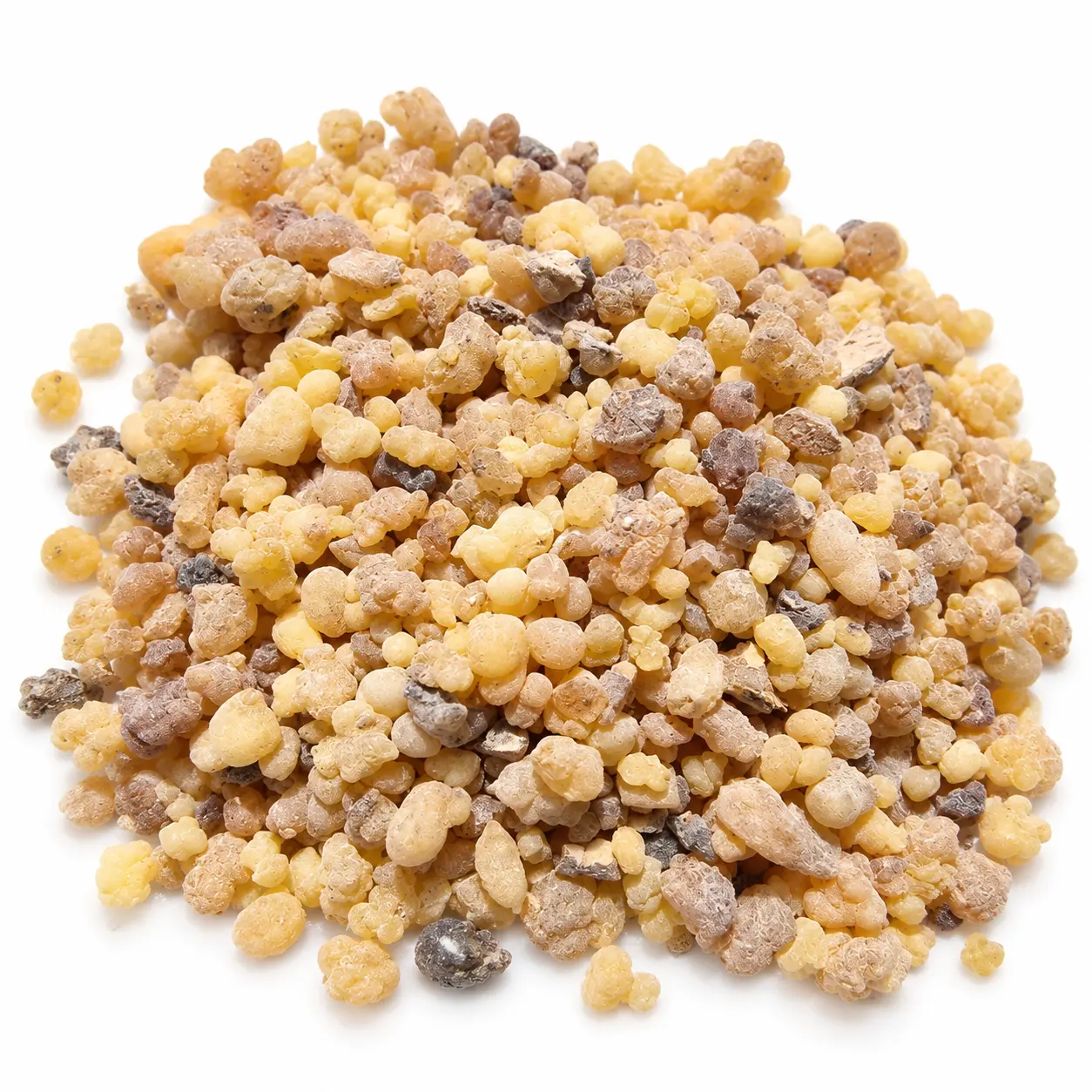 Close-up of Indian frankincense tears in mixed sizes, from pale yellow to amber